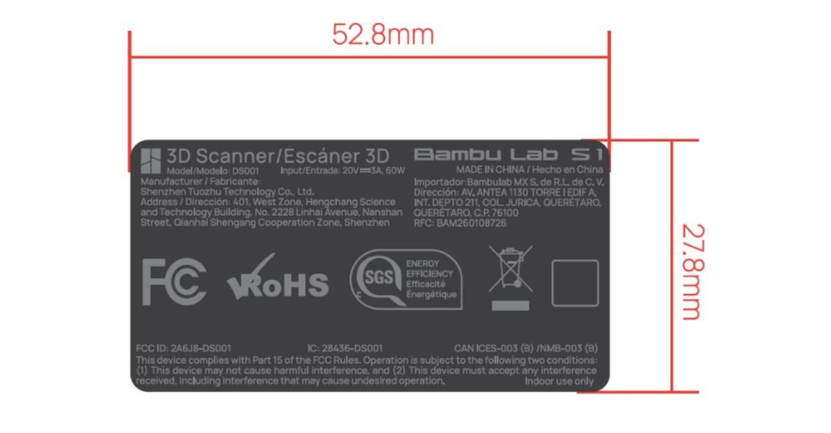 Label of S1 3D scanner in FCC filing
