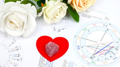 Printed astrology birth chart,roses, heart, rose quartz symbolise about romance, love, relationship. workplace of astrology, spiritual, The callings, hobbies and passion, blueprints and life mapping 