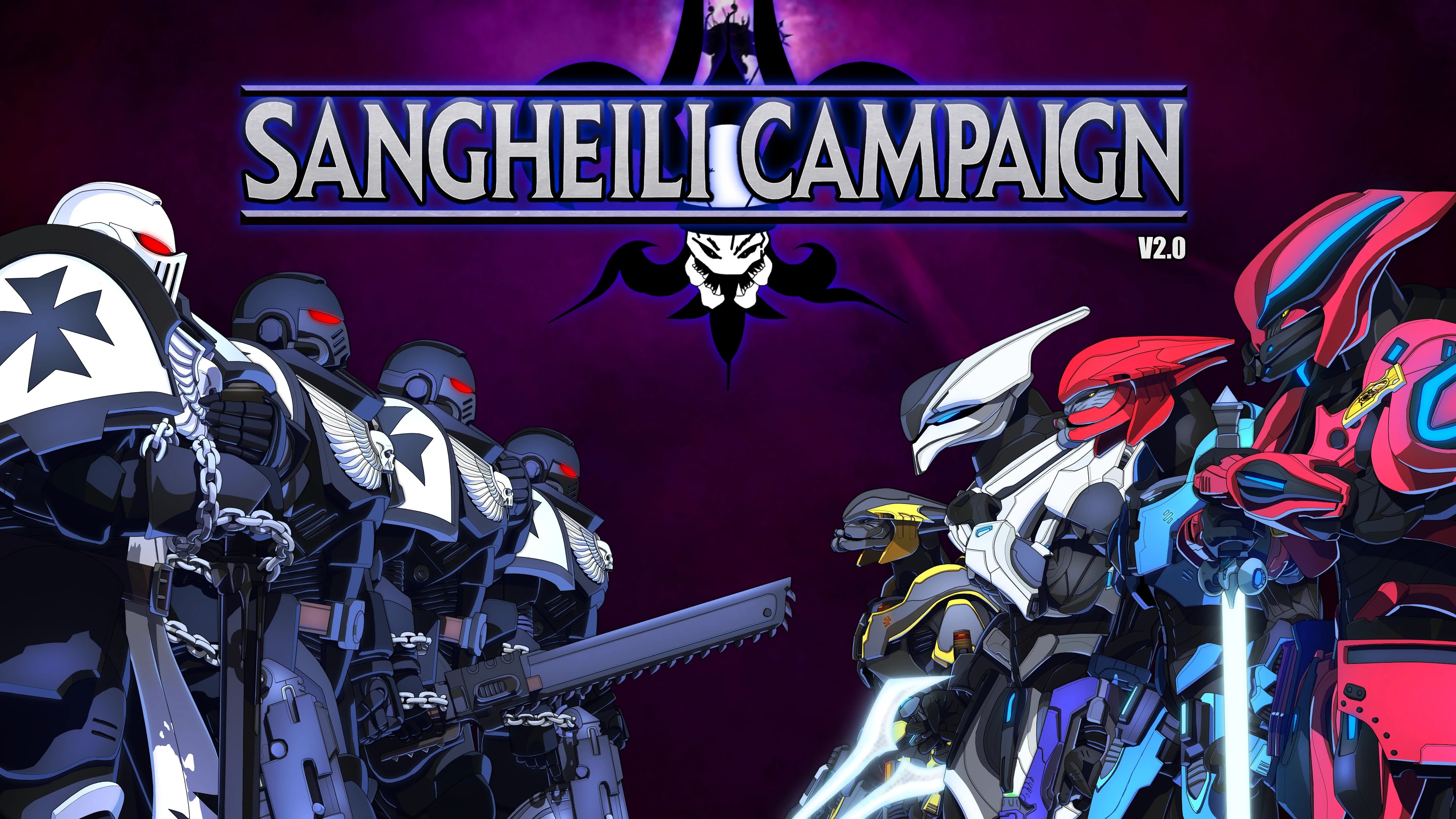 Promotional artwork for the Space Marine 2 Sangheili Campaign mod, featuring Halo Sangheili warriors facing Warhammer 40,000 Space Marines with the mod's official logo.