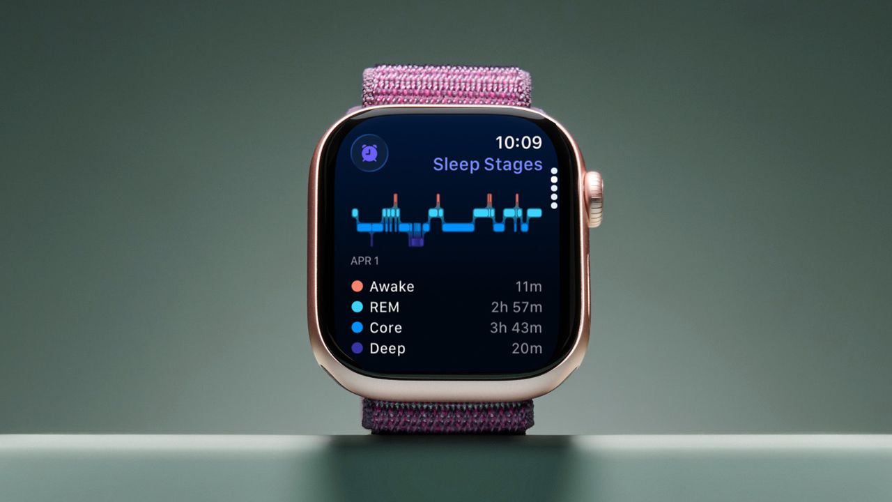 The image shows the Apple Watch Series 10 with a purple strap, set against a sage green backdrop. The screen shows the sleep stages it's tracking.