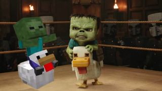 A Zombie riding a Chicken in Minecraft, in both game version and movie 'realistic' version.