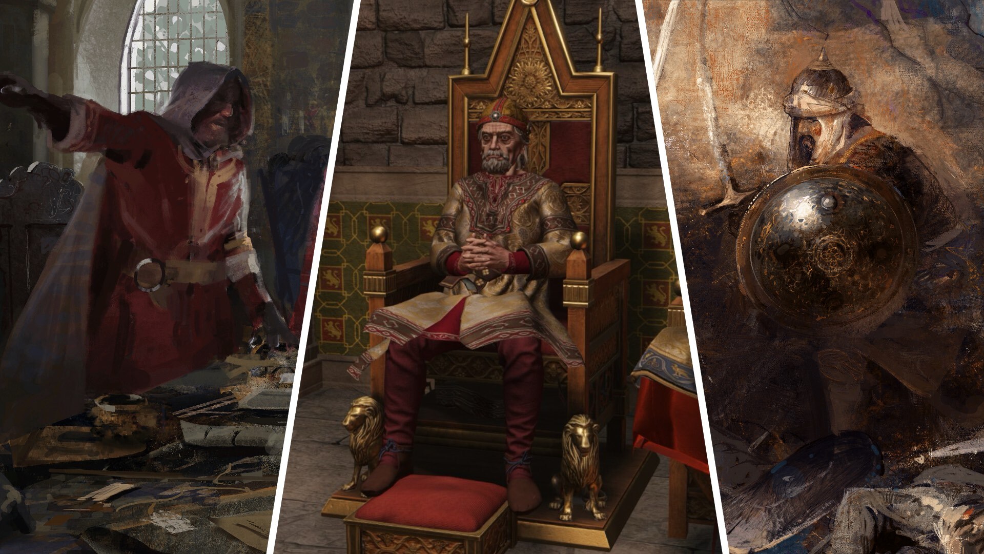 Split image, showing King Wenzel flanked by plotters and soldiers.