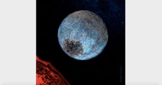 Artist's illustration of a half-rock, half-water world orbiting a red dwarf star.