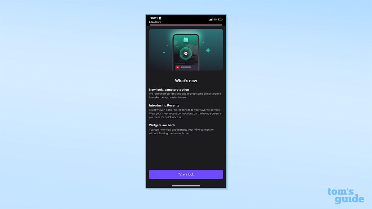Proton VPN's new updates pop-up on its iOS app. It reads: "What's new. New look, same protection. We refreshed our designs and moved some things around to make the app easier to use. Introducing recents. It's now even easier to connect to your favourite servers. View your most recent connections on the home screen, or pin them for quick access. Widgets are back. You can now view and manage your VPN connection without leaving the Home Screen." Beneath this is a button which reads "take a look".