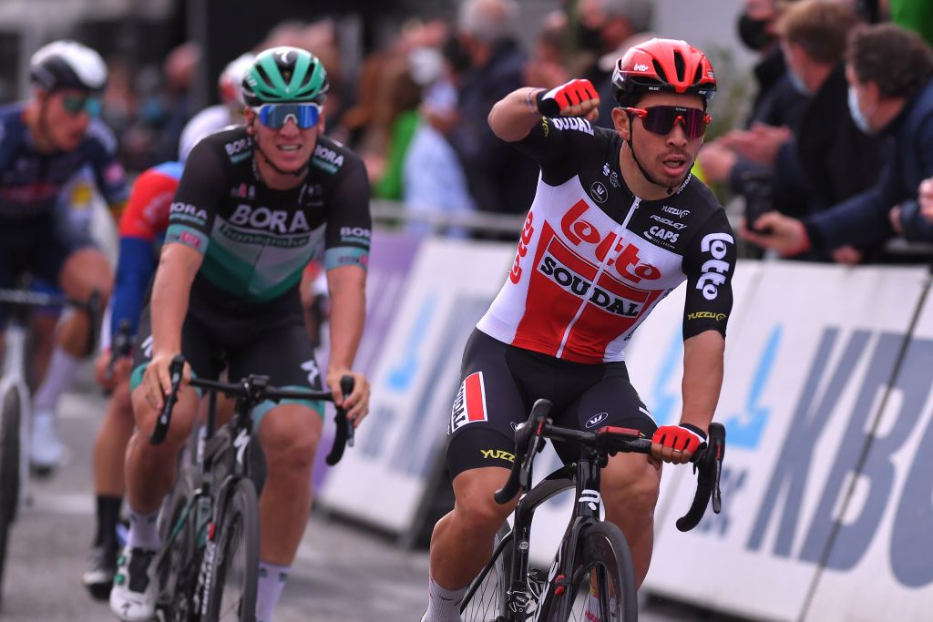 SCHOTEN BELGIUM OCTOBER 14 Arrival Caleb Ewan of Australia and Team Lotto Soudal Celebration Pascal Ackermann of Germany and Team Bora Hansgrohe during the 108th Scheldeprijs 2020 a 1733km stage from Schoten to Schoten Scheldeprijs FlandersClassic SP20 on October 14 2020 in Schoten Belgium Photo by Luc ClaessenGetty Images