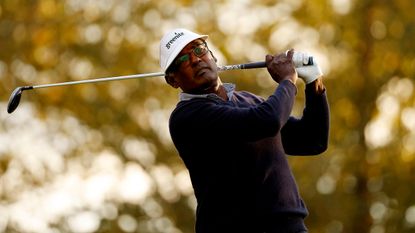 Vijay Singh hits a tee shot on the second hole during the second round of the SAS Championship at Prestonwood Country Club on October 14, 2023
