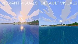 A comparison of the same ocean scene with standard Minecraft visuals versus Vibrant Visuals. There is more color and reflections in the Vibrant Visuals image. 