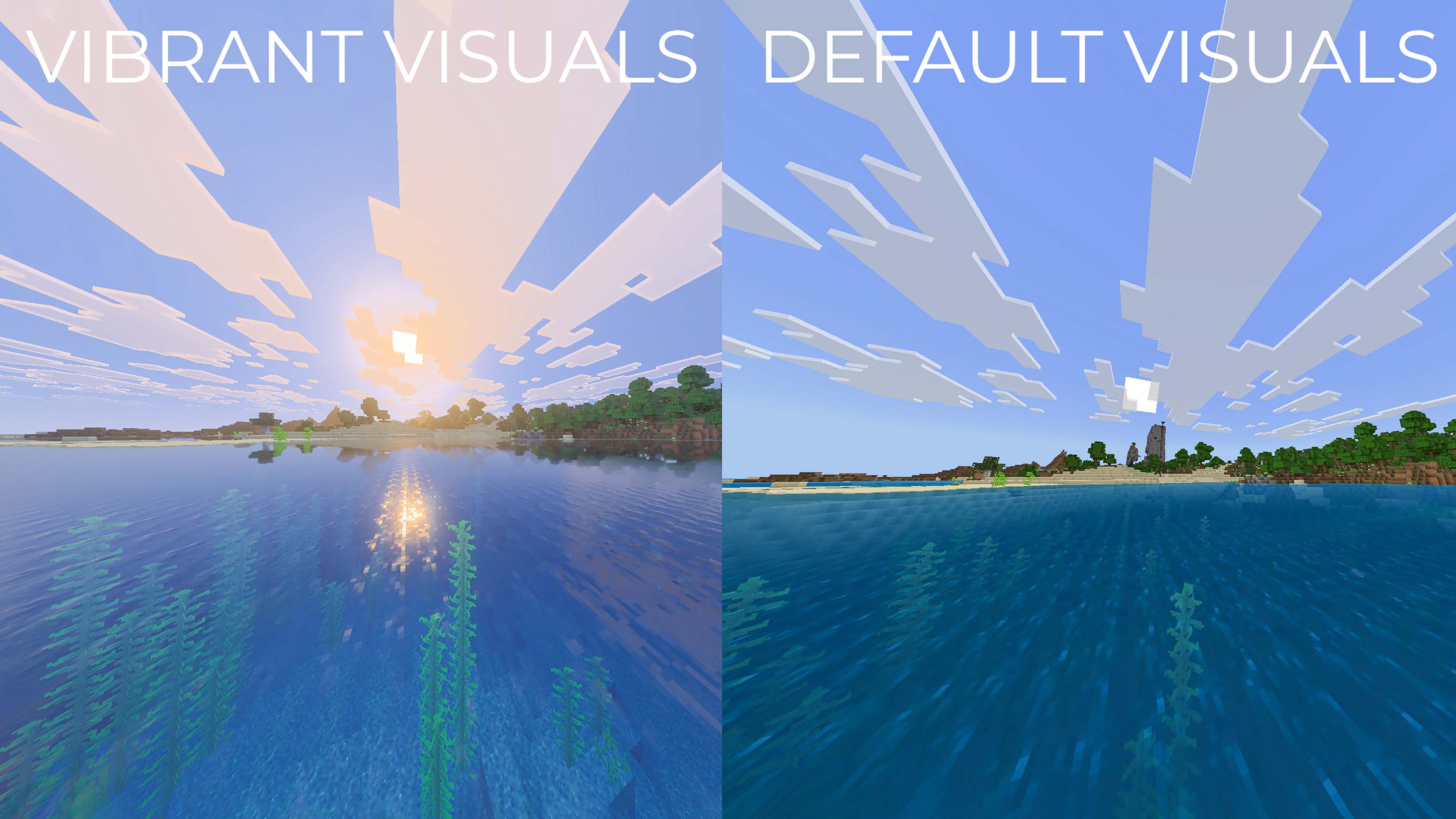 A comparison of the same ocean scene with standard Minecraft visuals versus Vibrant Visuals. There is more color and reflections in the Vibrant Visuals image.