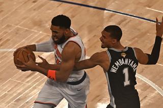 NEW YORK, UNITED STATES - JUNE 10: Karl-Anthony Towns (32) of the New York Knicks and Victor Wembanyama (1) of San Antonio Spurs in action during the National Basketball Association (NBA) finals game between the New York Knicks and San Antonio Spurs at the Madison Square Garden in New York, United States on June 10, 2026. (Photo by Celal Gunes/Anadolu via Getty Images)