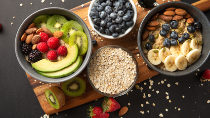 A spread of fibre-rich foods including nuts, grains and fruits