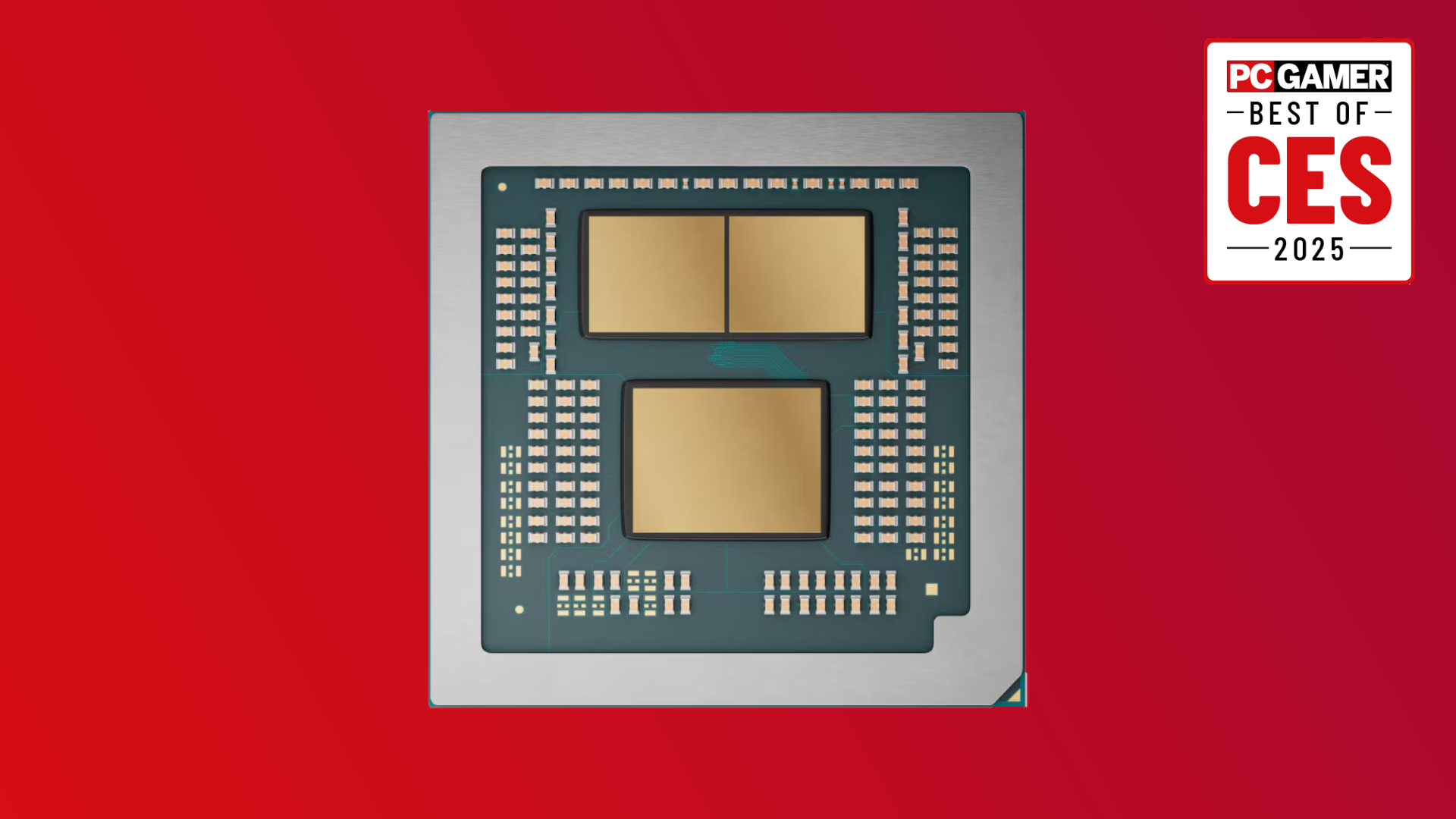 The AMD Ryzen 9 9955HX3D on a red gradient background, with the PC Gamer Best of CES 2025 awards logo in the top right.