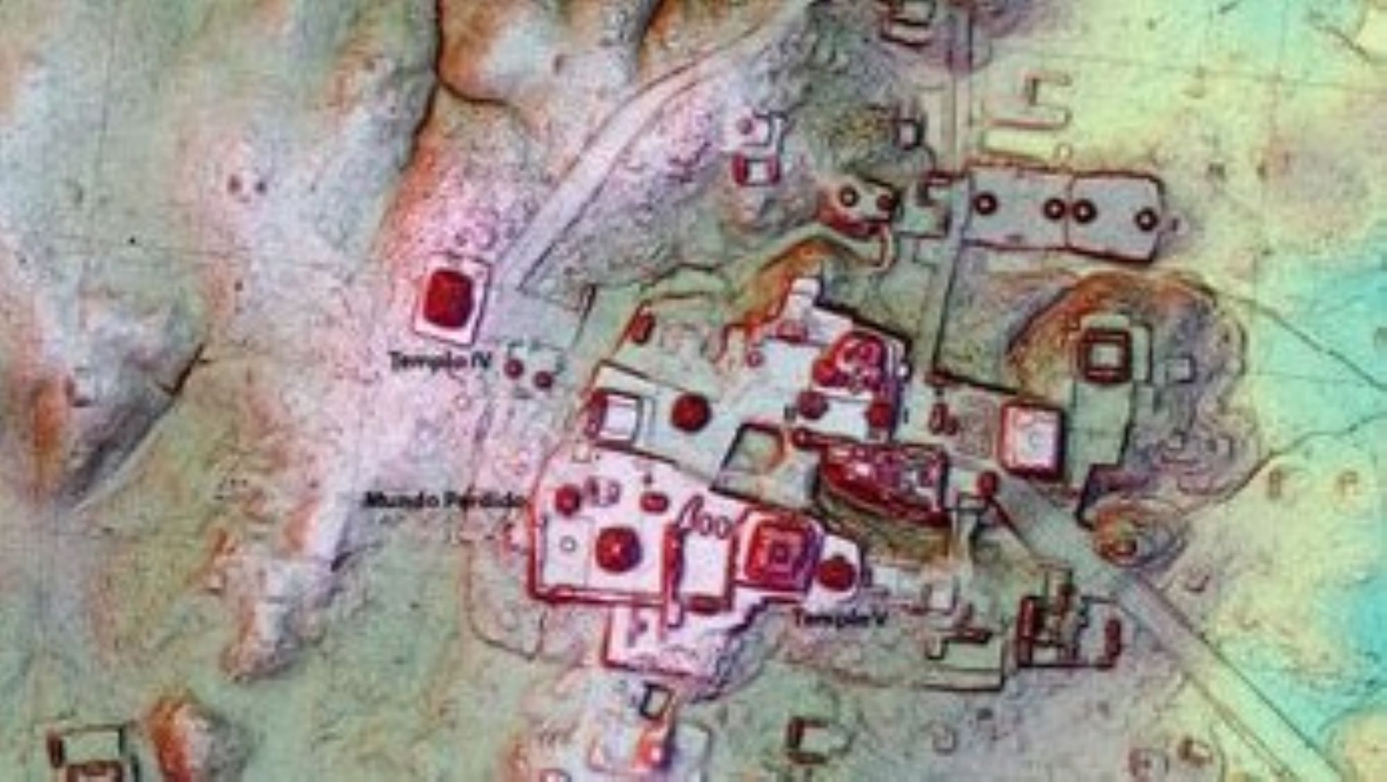 Lidar data over a map of the Maya city of Tikal reveals an unexcavated structure.