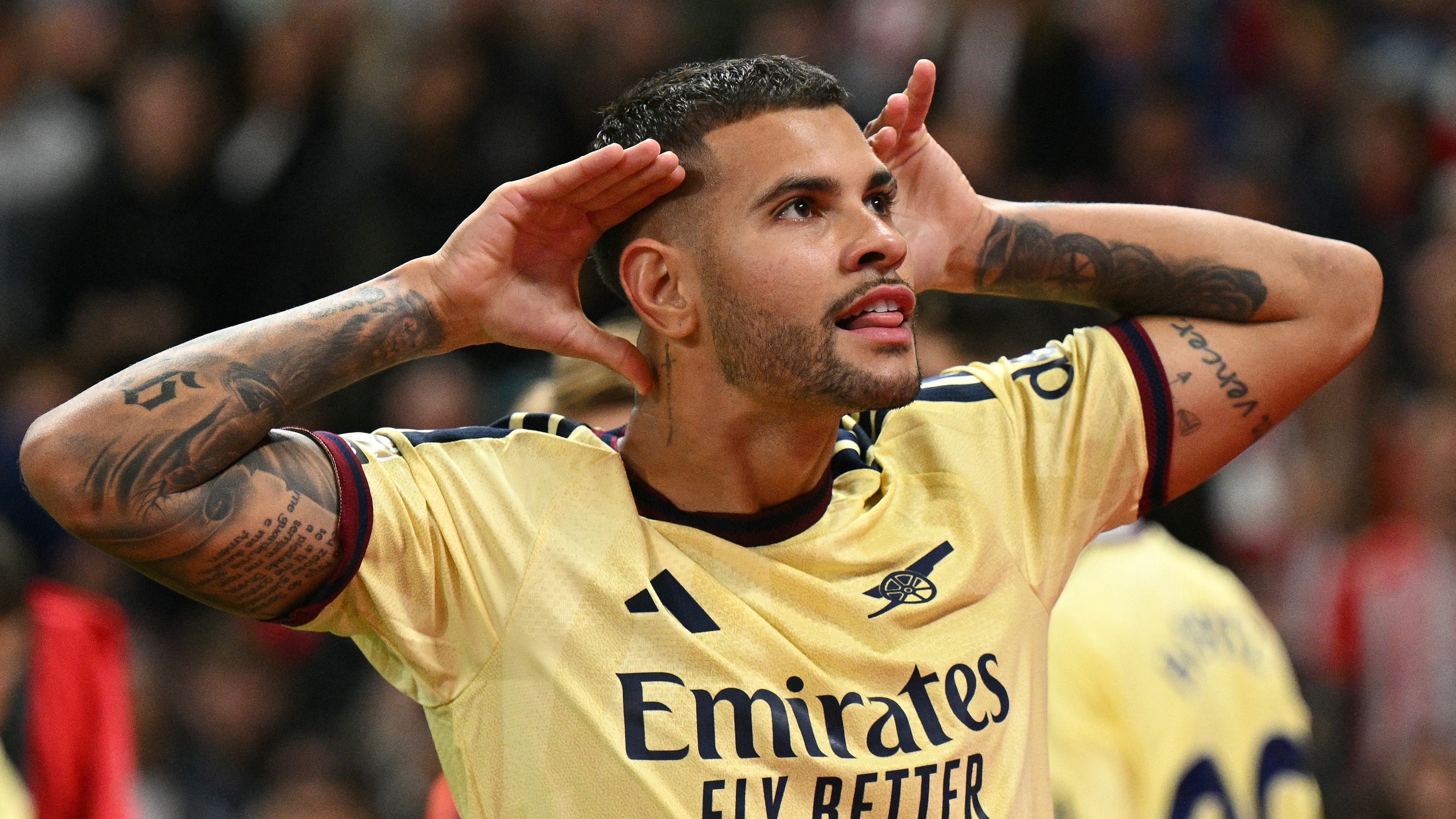 Arsenal's Brazilian midfielder #39 Bruno Guimar&atilde;es celebrates scoring the opening goal during the English Premier League football match between Sunderland and Arsenal at The Stadium of Light in Sunderland in north east England on September 12, 2026. 