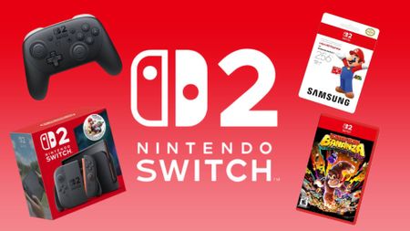 Nintendo Switch 2 Mario Kart World Bundle, Switch 2 Pro Controller, Switch 2 microSD express card, Donkey Kong for Nintendo Switch 2 game against red gradient background