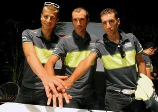 Liquigas-Cannondale's Peter Sagan, Ivan Basso and Vincenzo Nibali (l-r) at the team's pre-Tour de France press conference in Liege, Belgium.