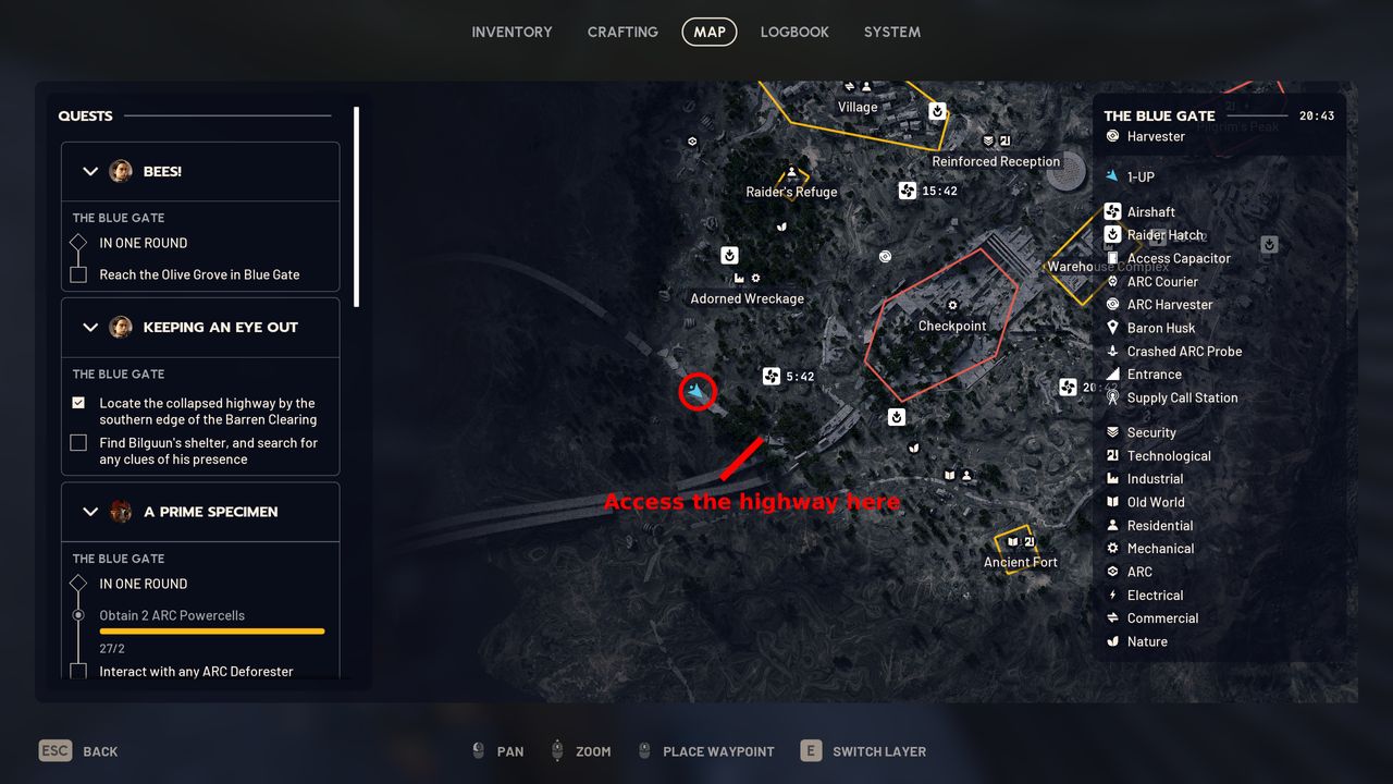 Arc Raiders Keeping an Eye Out: A map with a red circle and arrow pointing to locations near the Highway Collapse in the south of Blue Gate. The text reads "access the highway here".