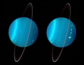 These infrared images of Uranus' two hemispheres were taken with the Keck telescope in July 2004. The planet's north pole points down and to the right.