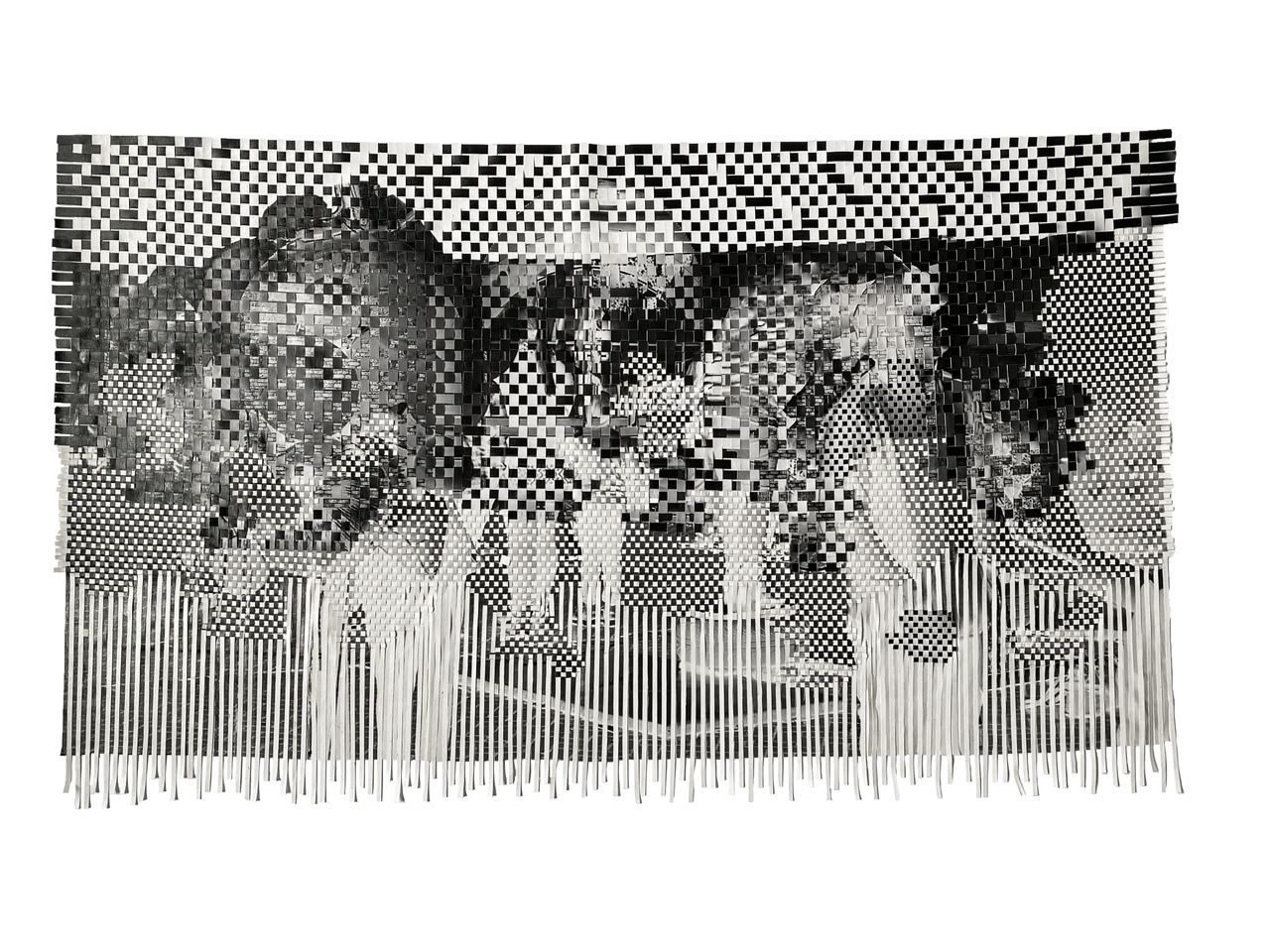 A black and white photograph has been cut into a textural, collaged image.