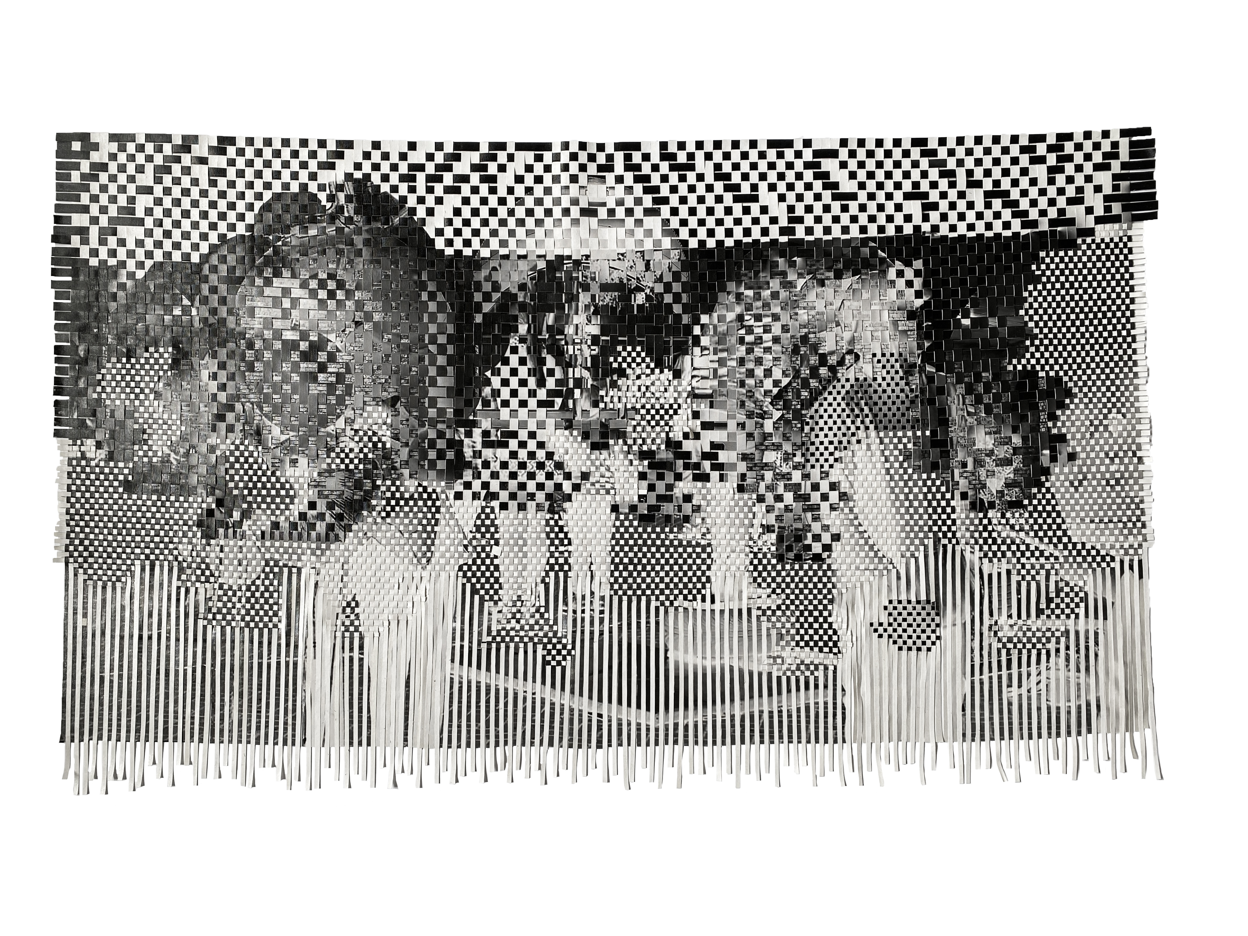 A black and white photograph has been cut into a textural, collaged image.
