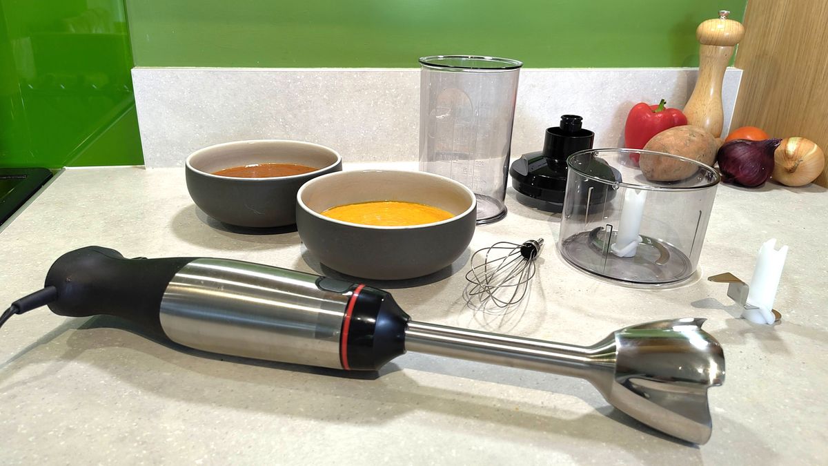 Bosch ErgoMaster 6 blender with ingredients and blended sauces on kitchen counter
