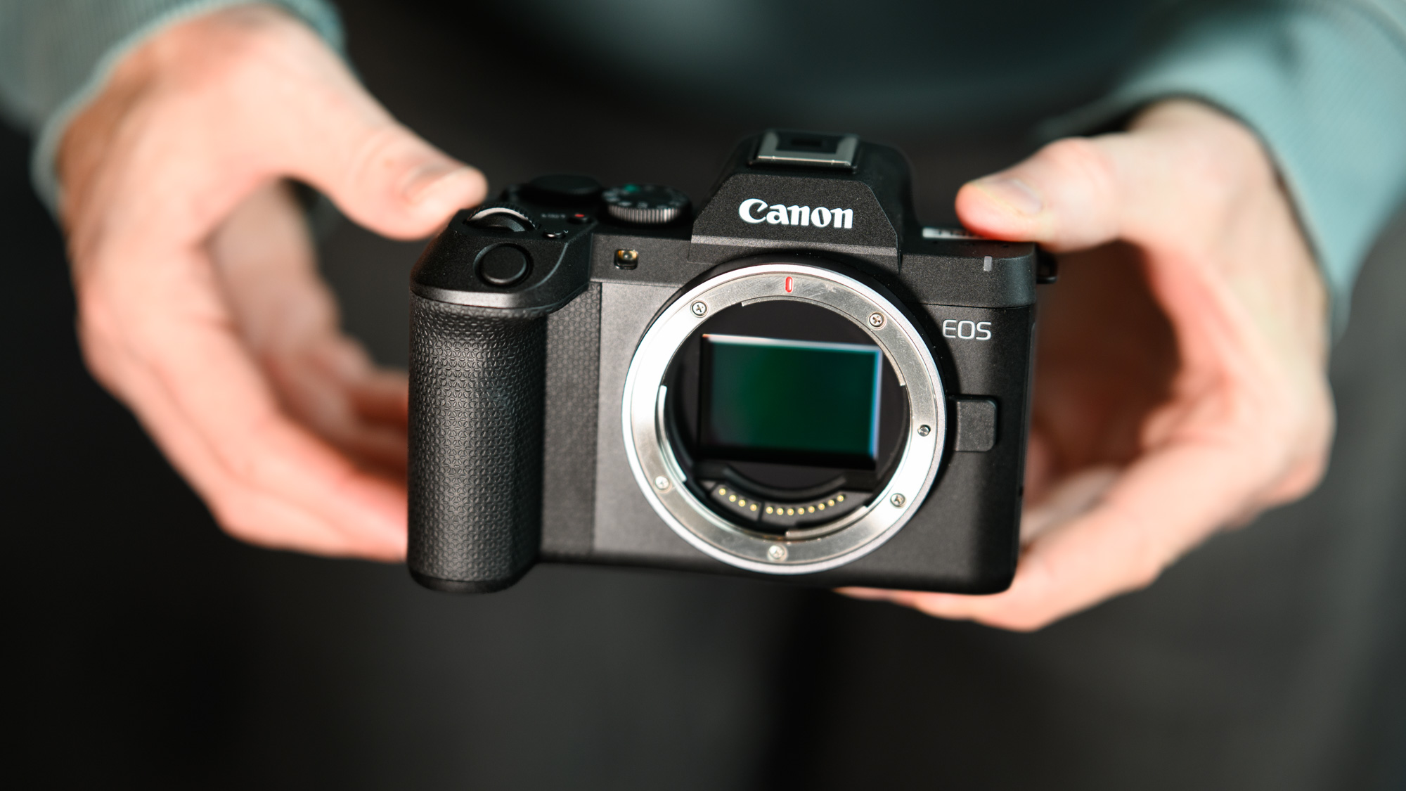 Canon EOS R8 Mark II camera in the hand, no lens attached