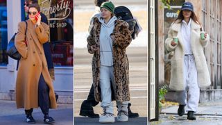 Split image of katie holmes, rihanna, and emily ratajkowski wearing loungewear sets and long coats