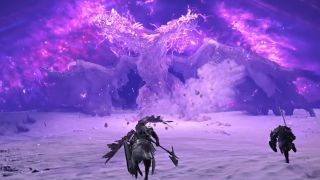 Elden Ring Nightreign Adel boss Gaping Jaw guide: Guardian and Wylder running towards Adel as it charges a massive lightning attack.