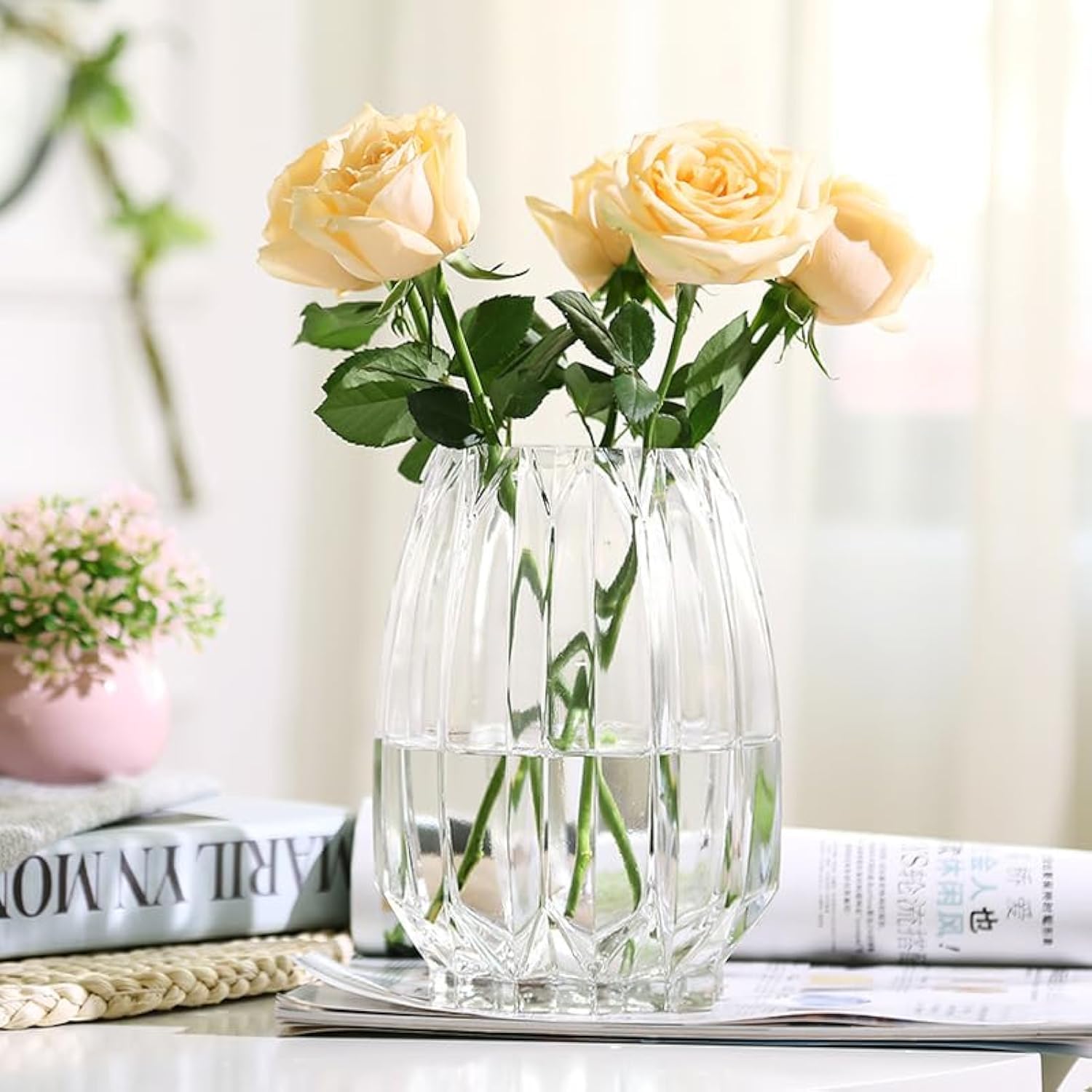 Flower Vase,7.8 Inch,gidary Thickened Clear Ribbed Glass Vase for Bookshelf,dinner Table,indoor Office Desktop,meeting Room,home Christmas Day Decoration