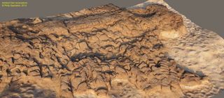 A 3D rendering of collapsed of mud-brick structures from Hellenistic period (2nd century BC). Those structures had been built on top of the Iron Age embankments.