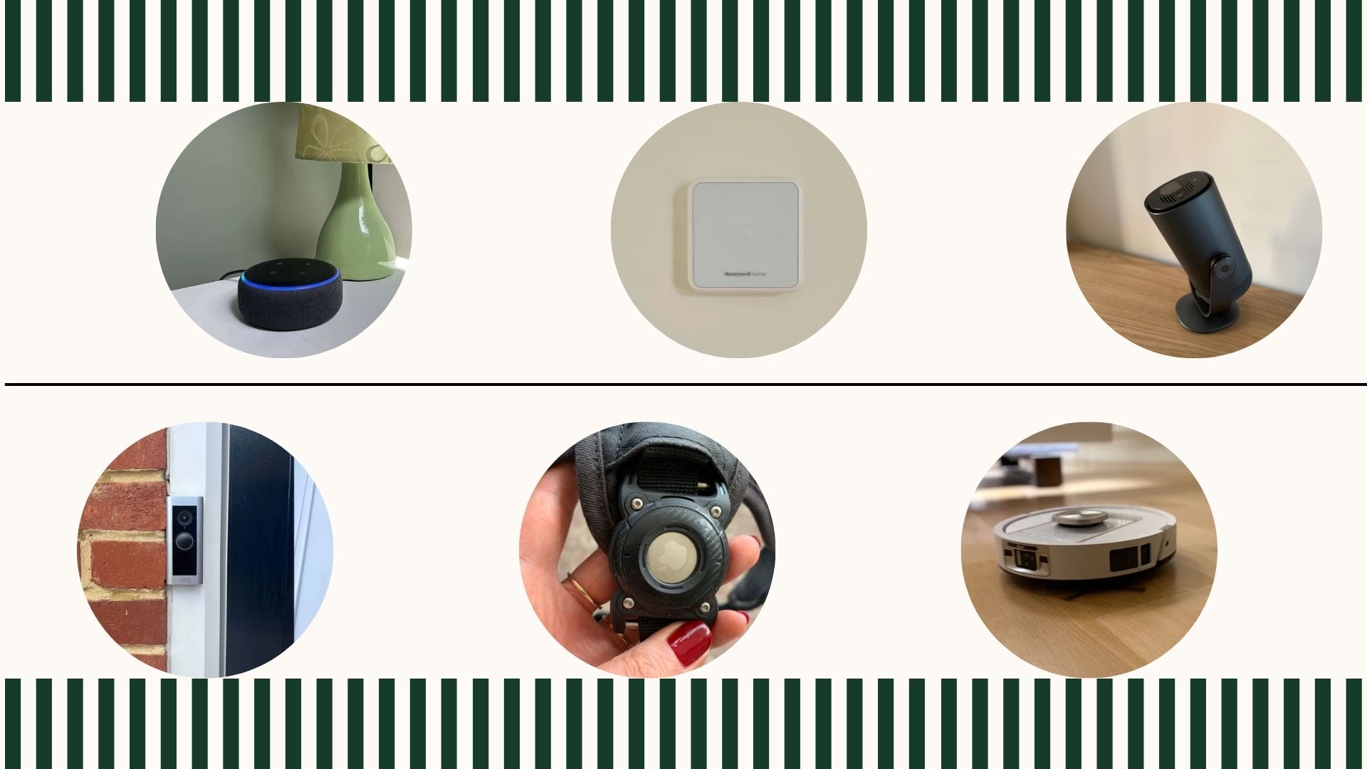 Best smart home technology: the ring doorbell, an air tag, the shark robot vacuum, a projector, the alexa dot, and a themostat