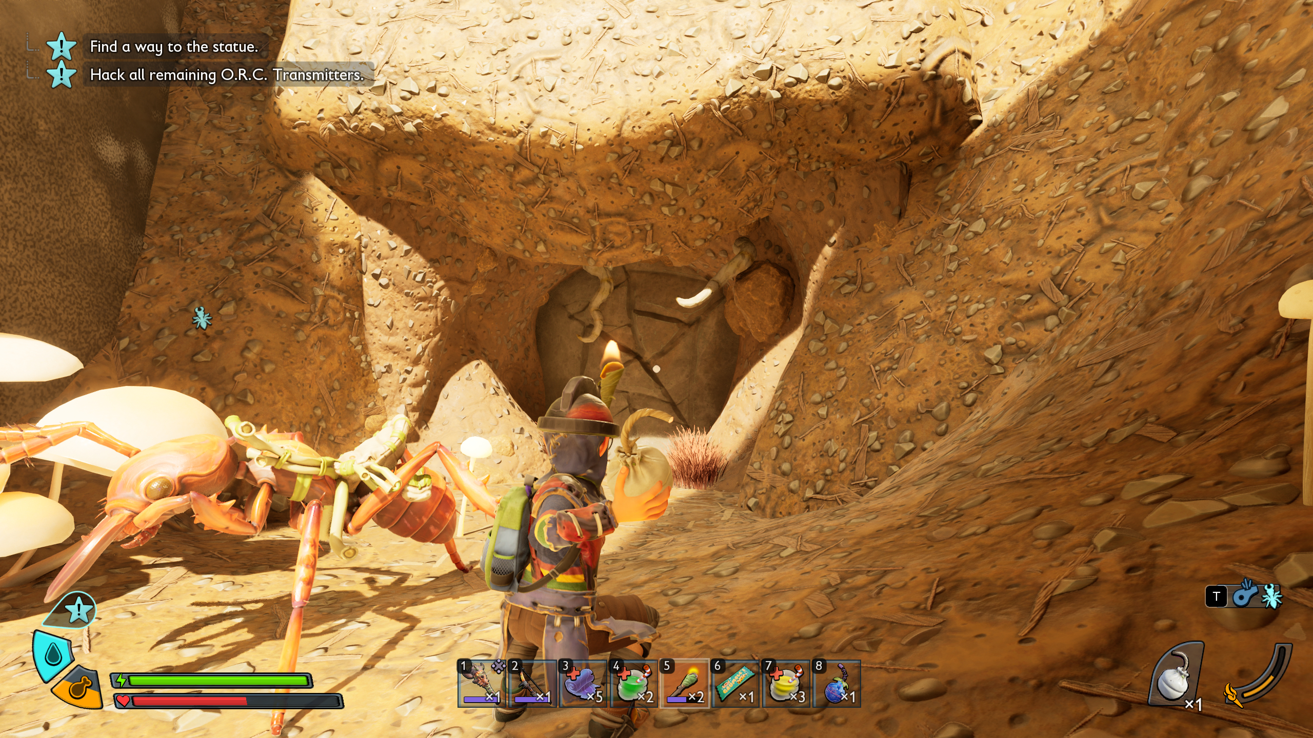 Grounded 2 Milk Molar locations: A character throwing a bomb at a cracked rock blocking a cave.