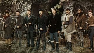 Irene Papas, James Daren, Anthony Quayle, David Niven, Gregory Peck, Anthony Quinn, Stanley Baker and Gia Scala in The Guns of Navarone