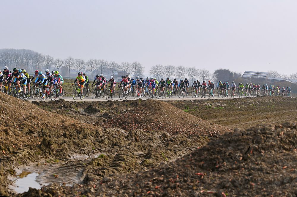 The 2018 Gent-Wevelgem women's peloton in the Belgian countryside