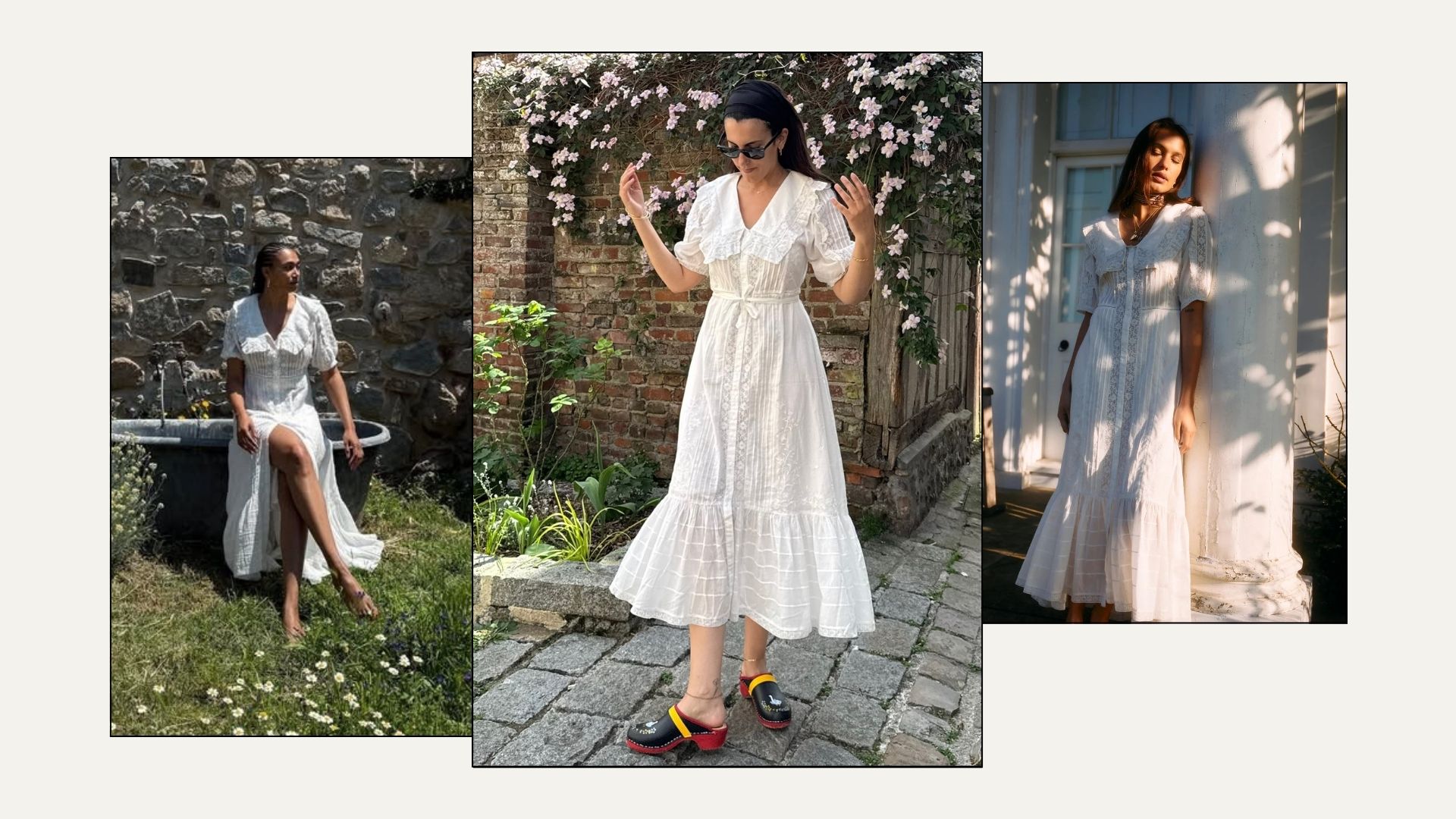 Three women wear a white lace dress from Rixo
