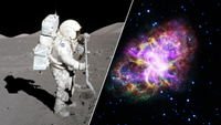 two images; one of an astronaut in a spacesuit standing on a dusty grey surface of the moon, the other of a colorful explosion in space