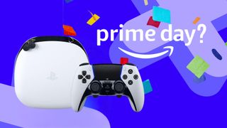 The DualSense Edge PS5 controller on a blue gamesradar background. In the corner a Prime Day logo with a question mark sits above some confetti 
