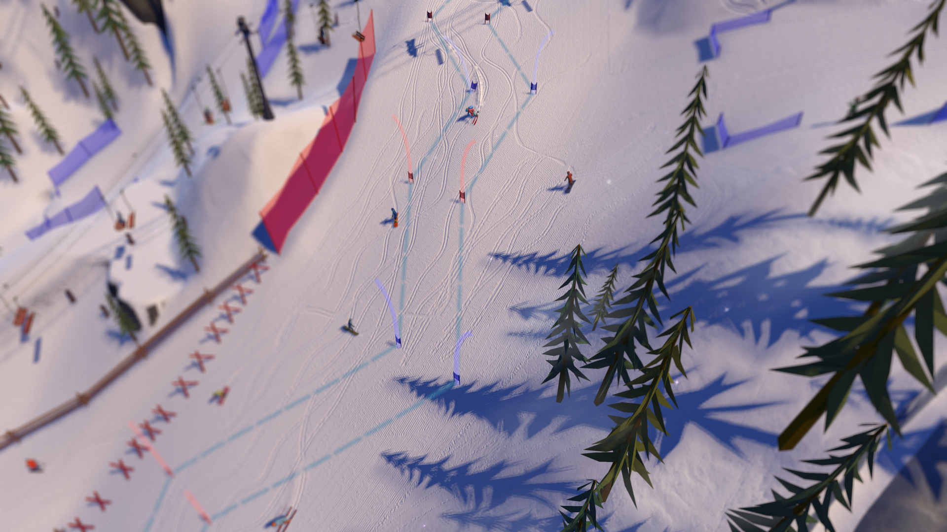 Multiple skiiers and boarders tear up a slope