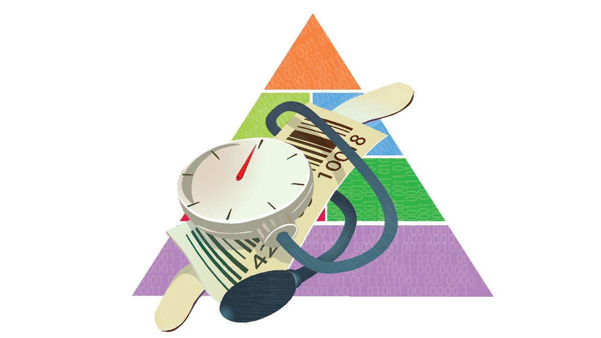 Illustration of blood pressure cuff and barcode label in front of multi colored pyramid of 0s and 1s