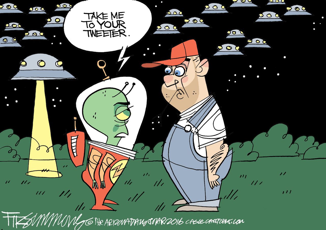 Political cartoon U.S. Donald Trump tweets aliens