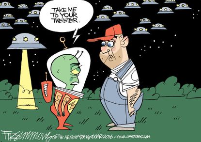Political cartoon U.S. Donald Trump tweets aliens