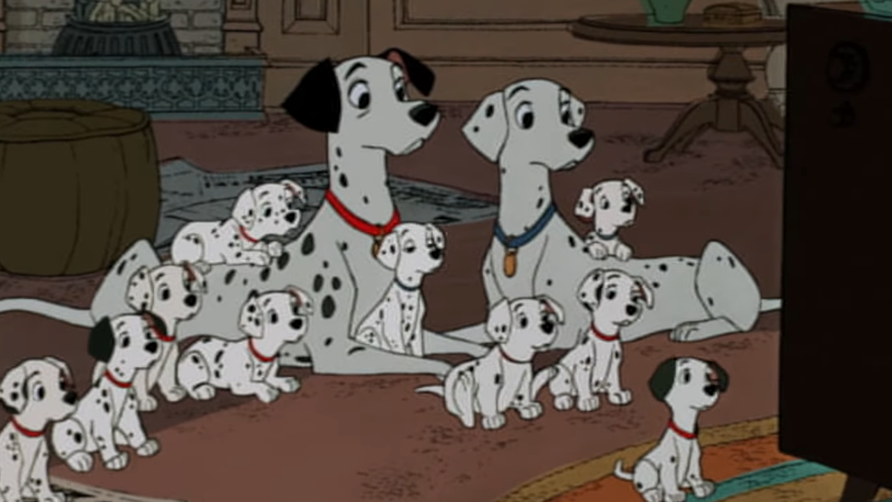 Pongo and Perdita with their puppies in 101 Dalmatians.