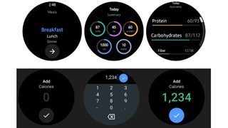 Screenshots of the MyFitnessPal Wear OS app, including protein/ fat summaries and adding calories to your daily total