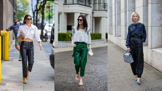 A composite of street style influencers wearing christmas party outfits leather trousers