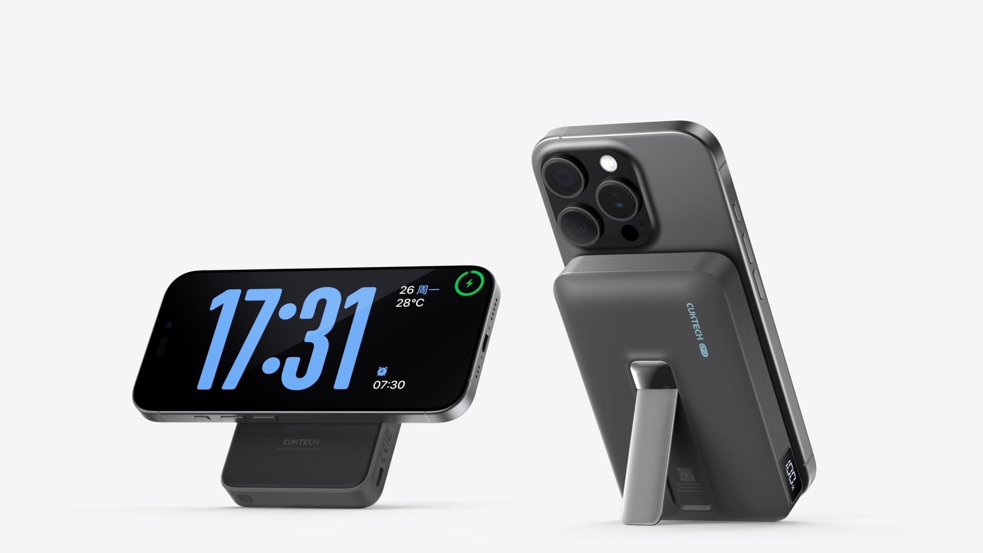 The CUKTECH Magnetic Power Bank CP13 Qi2 with a phone attached in both landscape and portrait mode