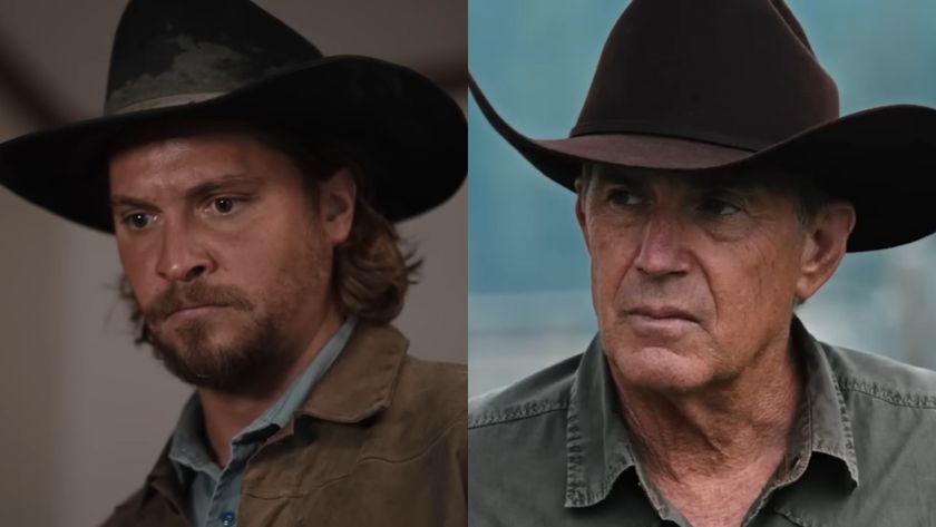 From left to right: A side by side of Luke Grimes and Kevin Costner in Yellowstone. 