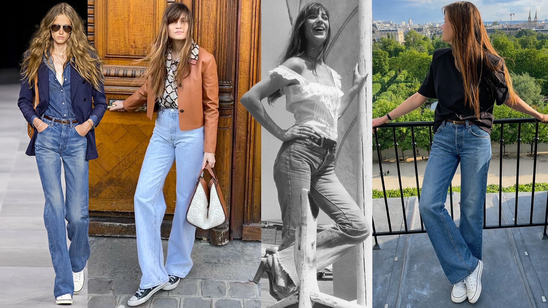 fashion collage featuring different flared jeans outfits including a Celine runway shot, Eugenie Trochu looks, and Jane Birkin