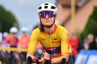 SCHMALKALDEN GERMANY JUNE 30 Ruth Edwards of The United States and Team Human Powered Health Yellow Leder Jersey prior to the 36th Internationale LOTTO Thringen Ladies Tour 2024 Stage 6 a 1054km stage from Schmalkalden to Schmalkalden on June 30 2024 in Schmalkalden Germany Photo by Luc ClaessenGetty Images