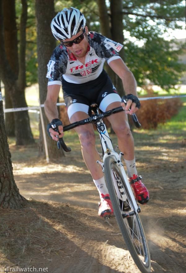 Lukas Fl&uuml;ckiger (Trek World Team) leading the race through the trees