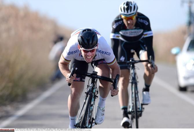 A bit of lead-out work at the Omega Pharma-QuickStep camp as Mark Cavendish launches off the wheel of Tom Boonen