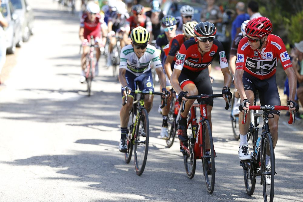 Chris Froome leads Tejay van Garderen and Esteban Chaves near the end of stage 6 at the Vuelta